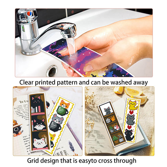 6Pcs Cat DIY Cotton Single-Sided Stamped Needlepoint Bookmark Kit 47x28cm