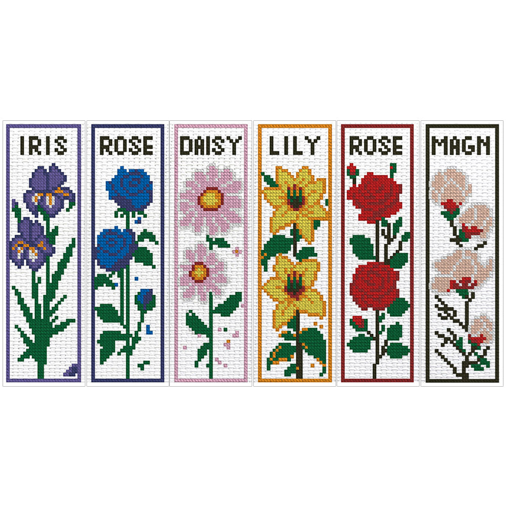 6Pcs Rose DIY Cotton Single-Sided Stamped Needlepoint Bookmark Kit 47x28cm