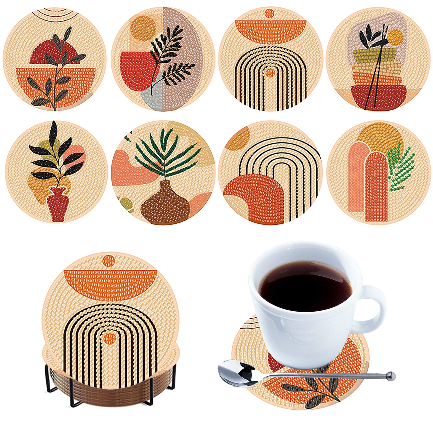 8pcs Simple Pattern Wooden DIY Coaster Diamond Art Kit w/ Holder No-Slip Decor