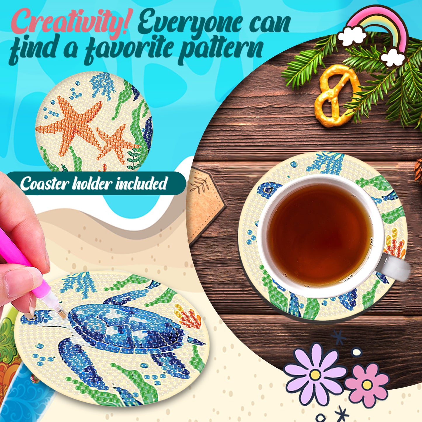 8pcs Animals Wooden DIY Coaster Diamond Art Kits with Holder No-Slip Home Decor