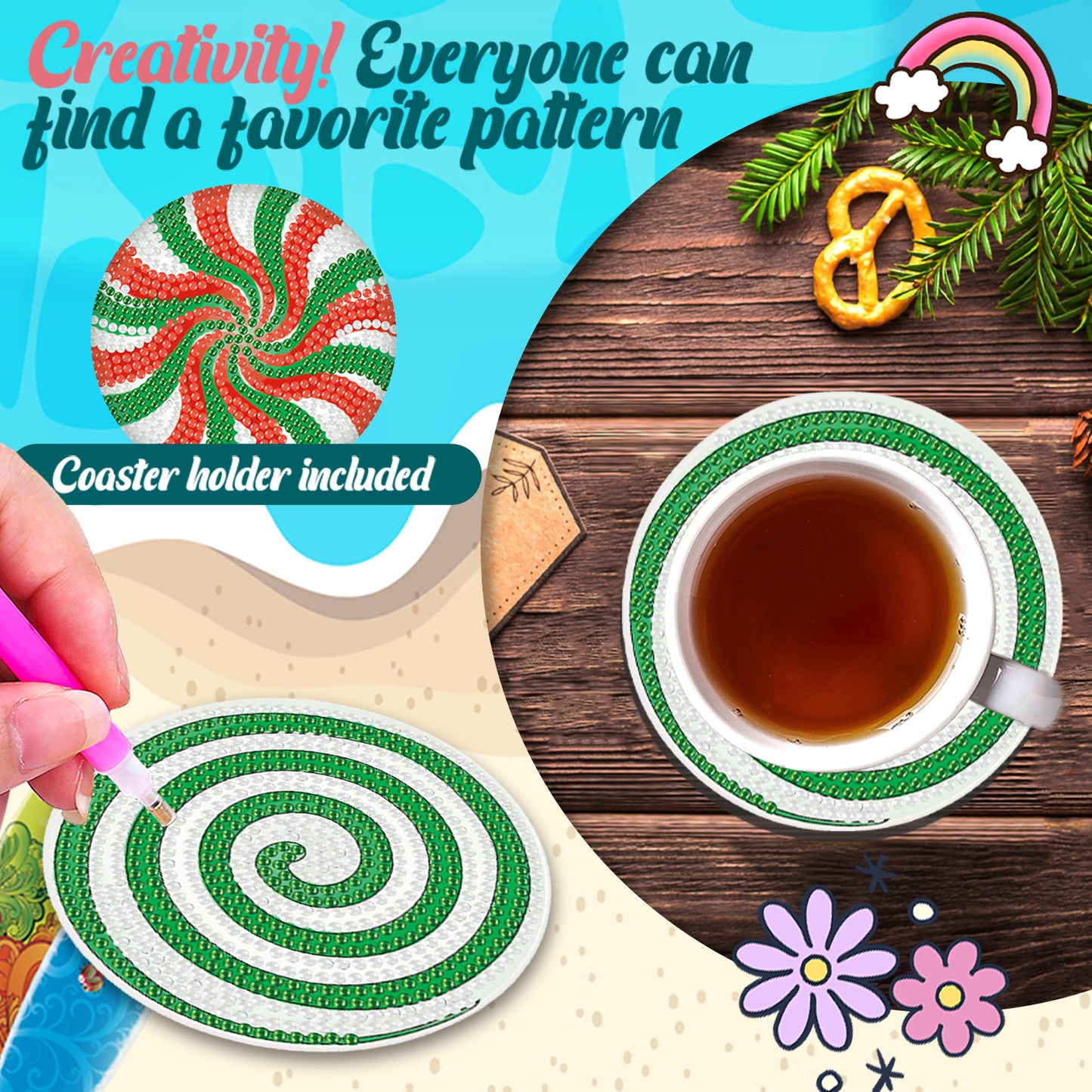 8pcs Candy Wooden DIY Coaster Diamond Art Kits with Holder No-Slip Home Decor
