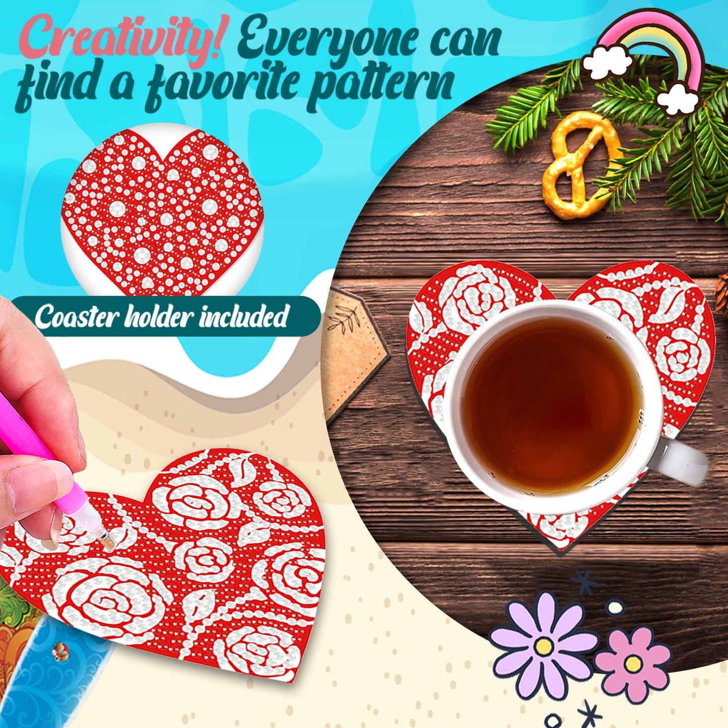 8pcs Love Wooden DIY Coaster Diamond Art Kits with Holder No-Slip for Home Decor