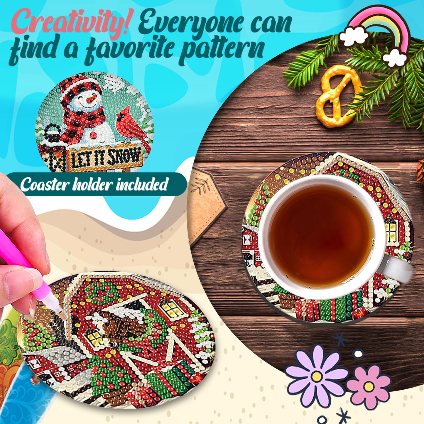 8pc Christmas Wooden DIY Coaster Diamond Art Kits with Holder No-Slip Home Decor