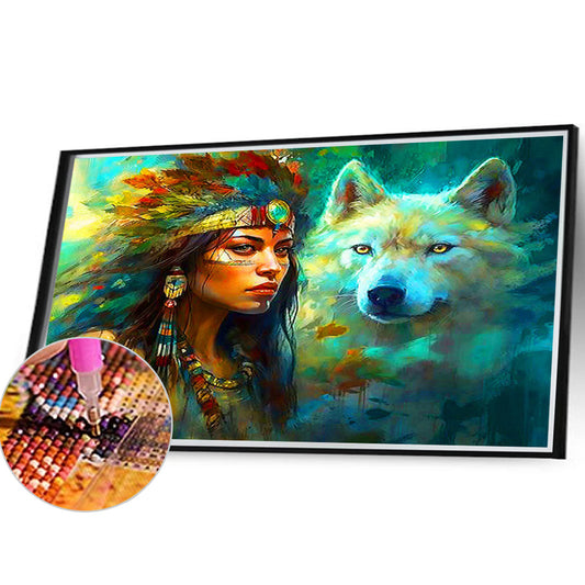 Indian White Wolf And The Dreamcatcher - Full Round Drill Diamond Painting 40*30CM