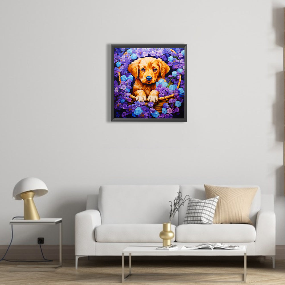 Dog In Flower Basket - Full Round Drill Diamond Painting 40*40CM