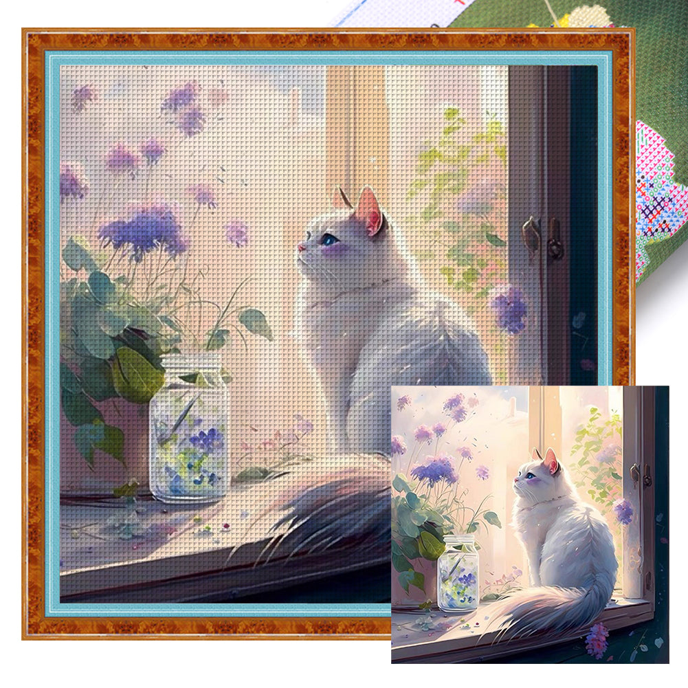 Cat And Flowers On The Windowsill - 18CT Stamped Cross Stitch 30*30CM