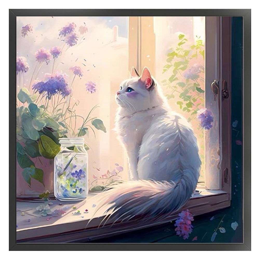Cat And Flowers On The Windowsill - 18CT Stamped Cross Stitch 30*30CM