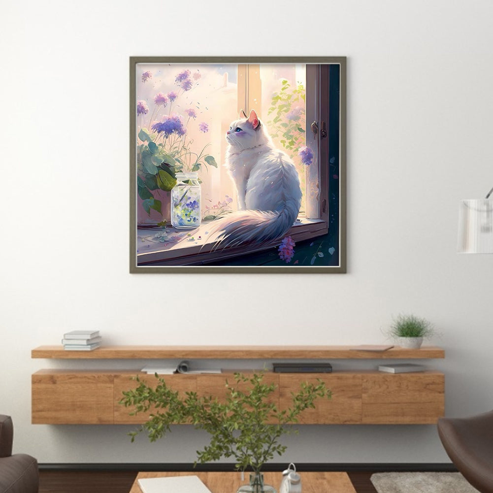 Cat And Flowers On The Windowsill - 18CT Stamped Cross Stitch 30*30CM