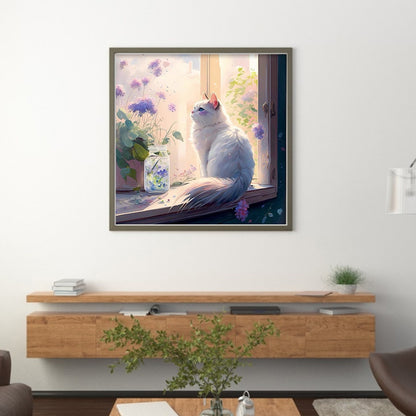 Cat And Flowers On The Windowsill - 18CT Stamped Cross Stitch 30*30CM
