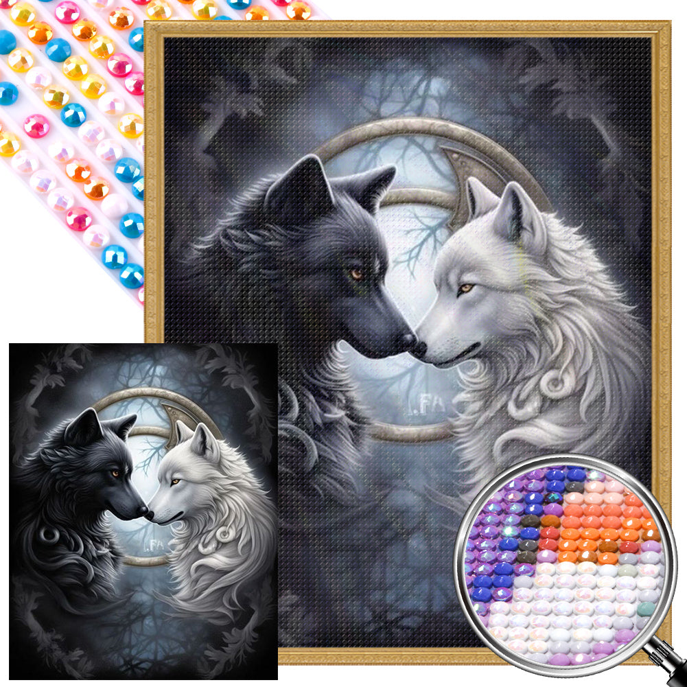 Black And White Twin Wolves - Full AB Round Drill Diamond Painting 40*50CM