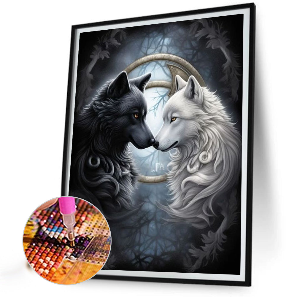 Black And White Twin Wolves - Full AB Round Drill Diamond Painting 40*50CM