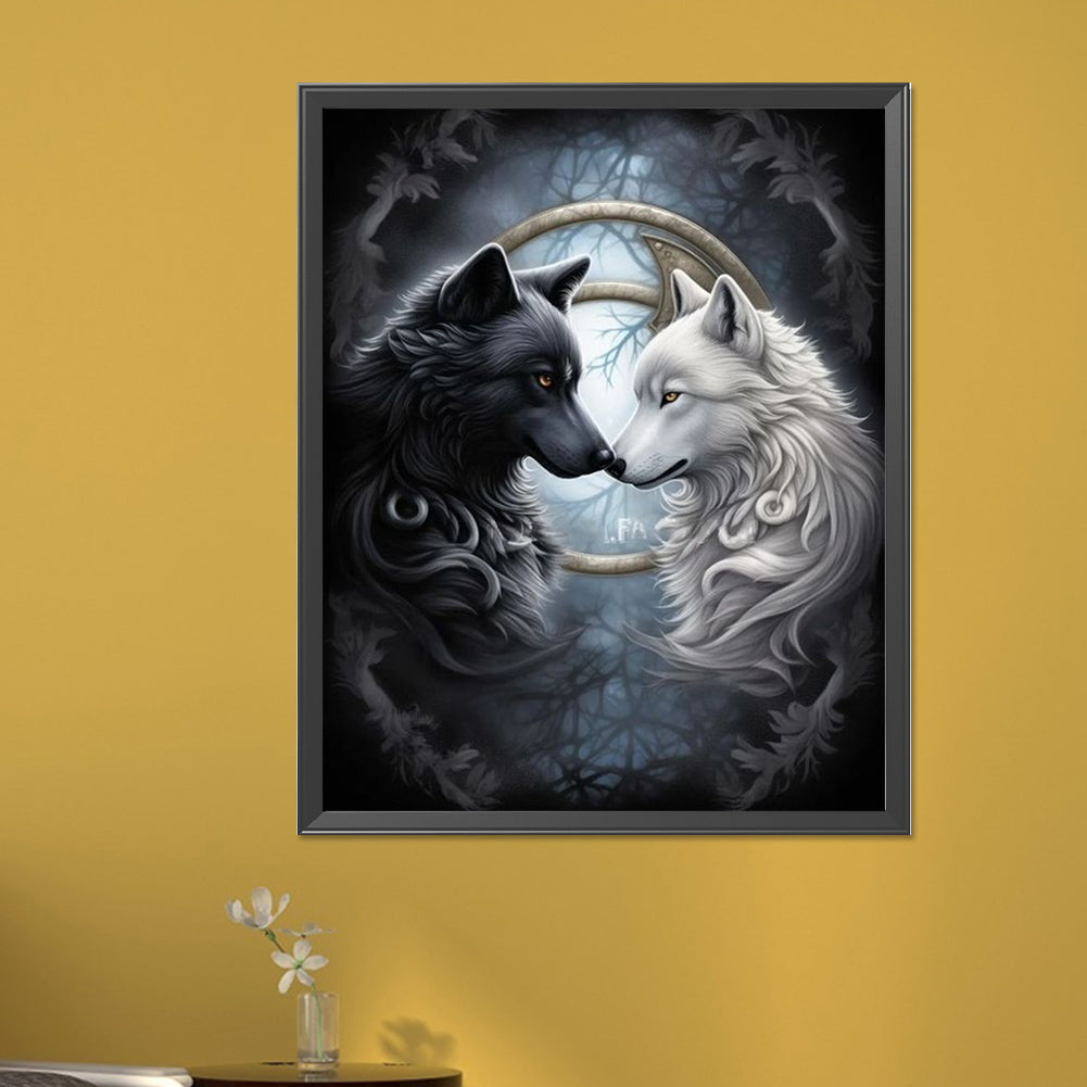 Black And White Twin Wolves - Full AB Round Drill Diamond Painting 40*50CM