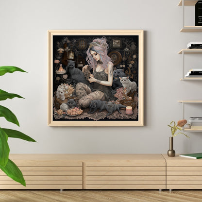 Girl And Black Cat - 11CT Stamped Cross Stitch 70*70CM