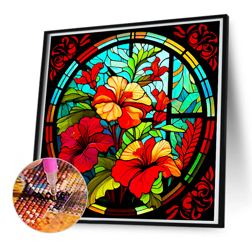 Glass Hibiscus Window - Full Round Drill Diamond Painting 50*50CM