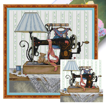 Sewing Machine And Blue Wall Lamp - 14CT Stamped Cross Stitch 36*37CM(Joy Sunday)