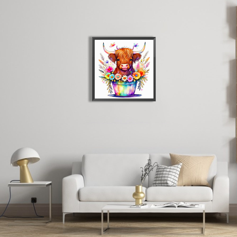 Flower Bucket And Cow - Full Round Drill Diamond Painting 40*40CM