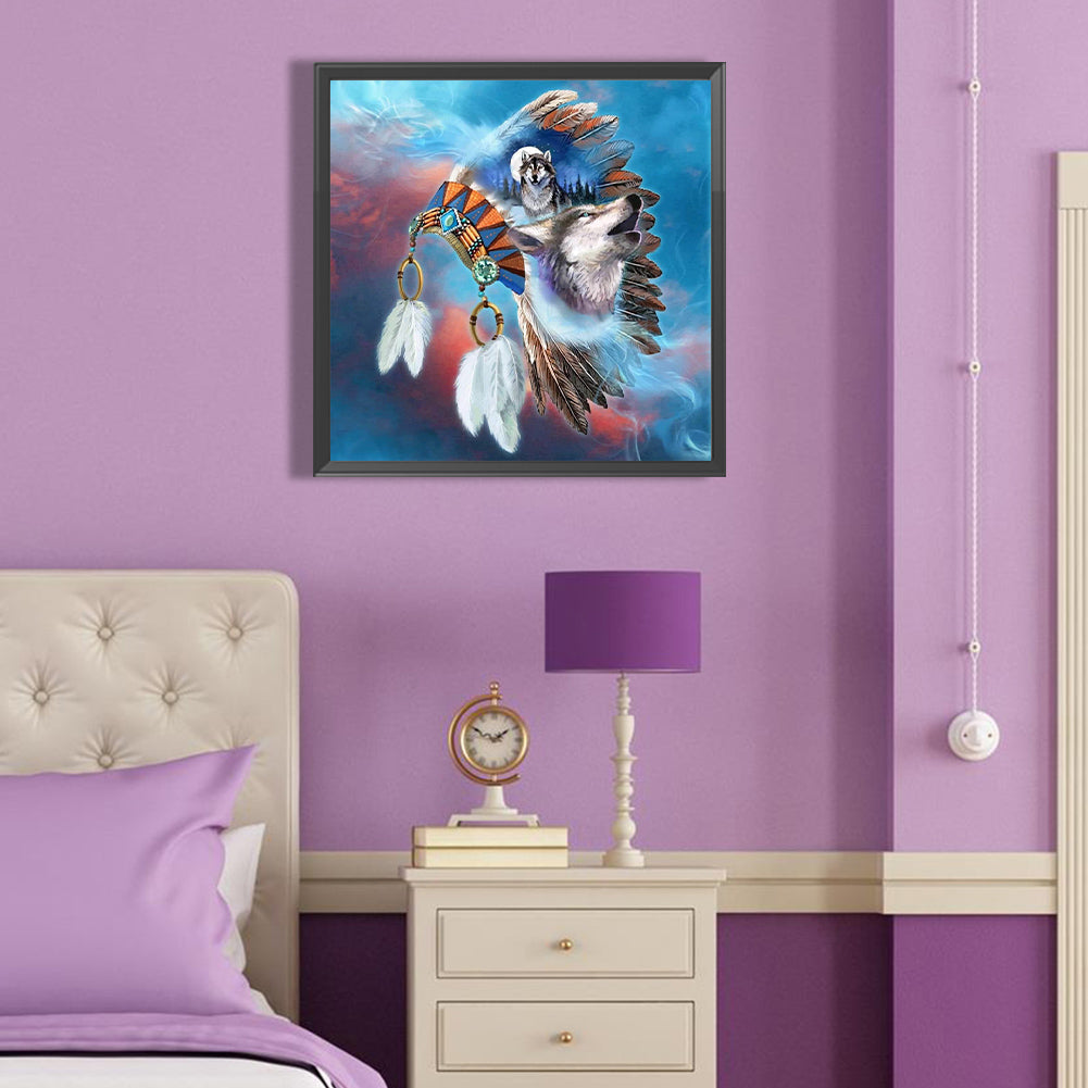 Feather Hat And Wolf Head - Full Round Drill Diamond Painting 40*40CM