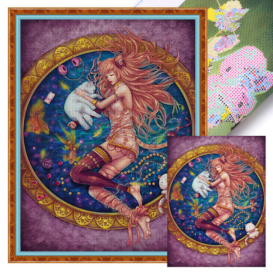 Girl And Cat - 11CT Stamped Cross Stitch 40*55CM