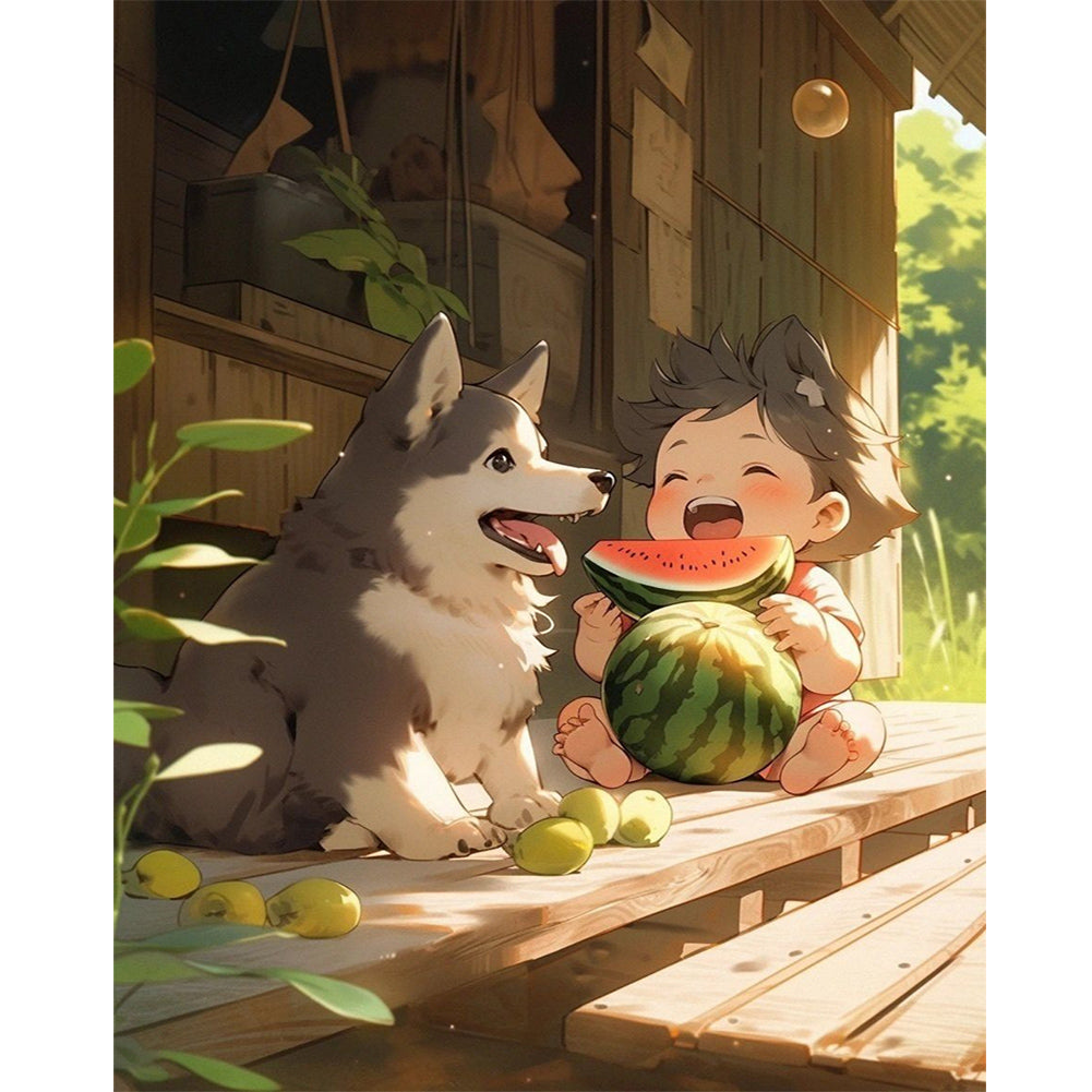 Children Eating Watermelon - Full Round Drill Diamond Painting 40*50CM