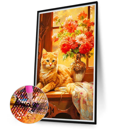 Orange Cat Next To Vase - Full Round Drill Diamond Painting 40*70CM