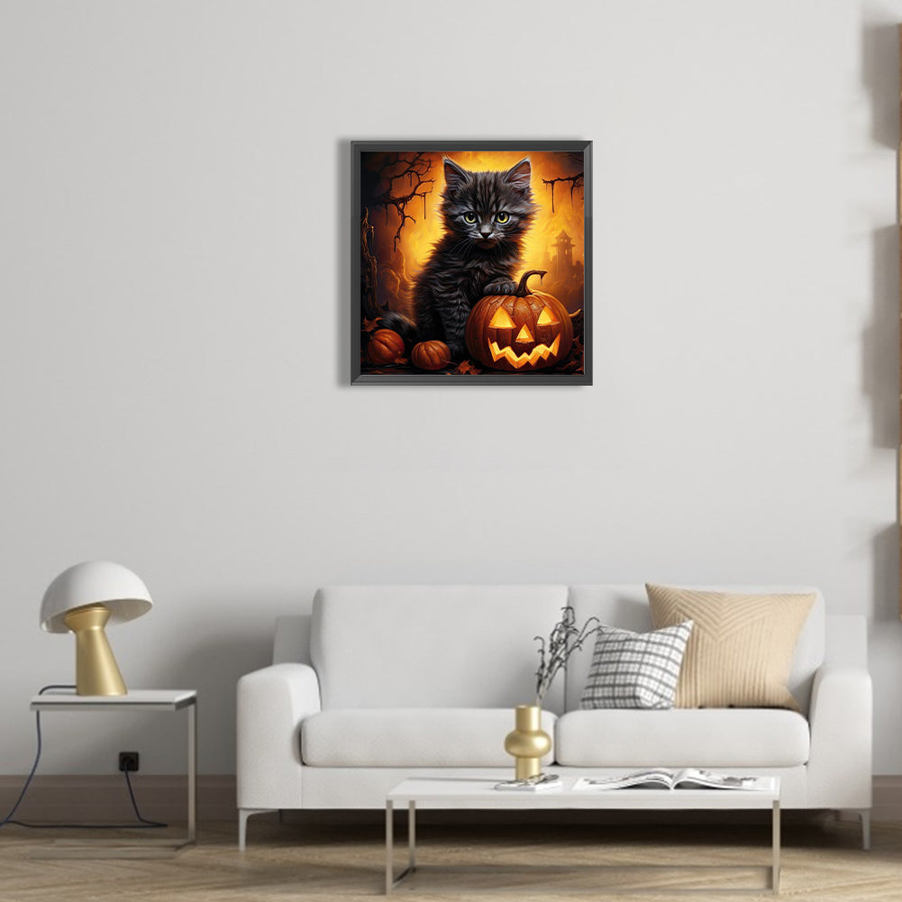 Halloween Pumpkin Black Cat - Full Round Drill Diamond Painting 40*40CM