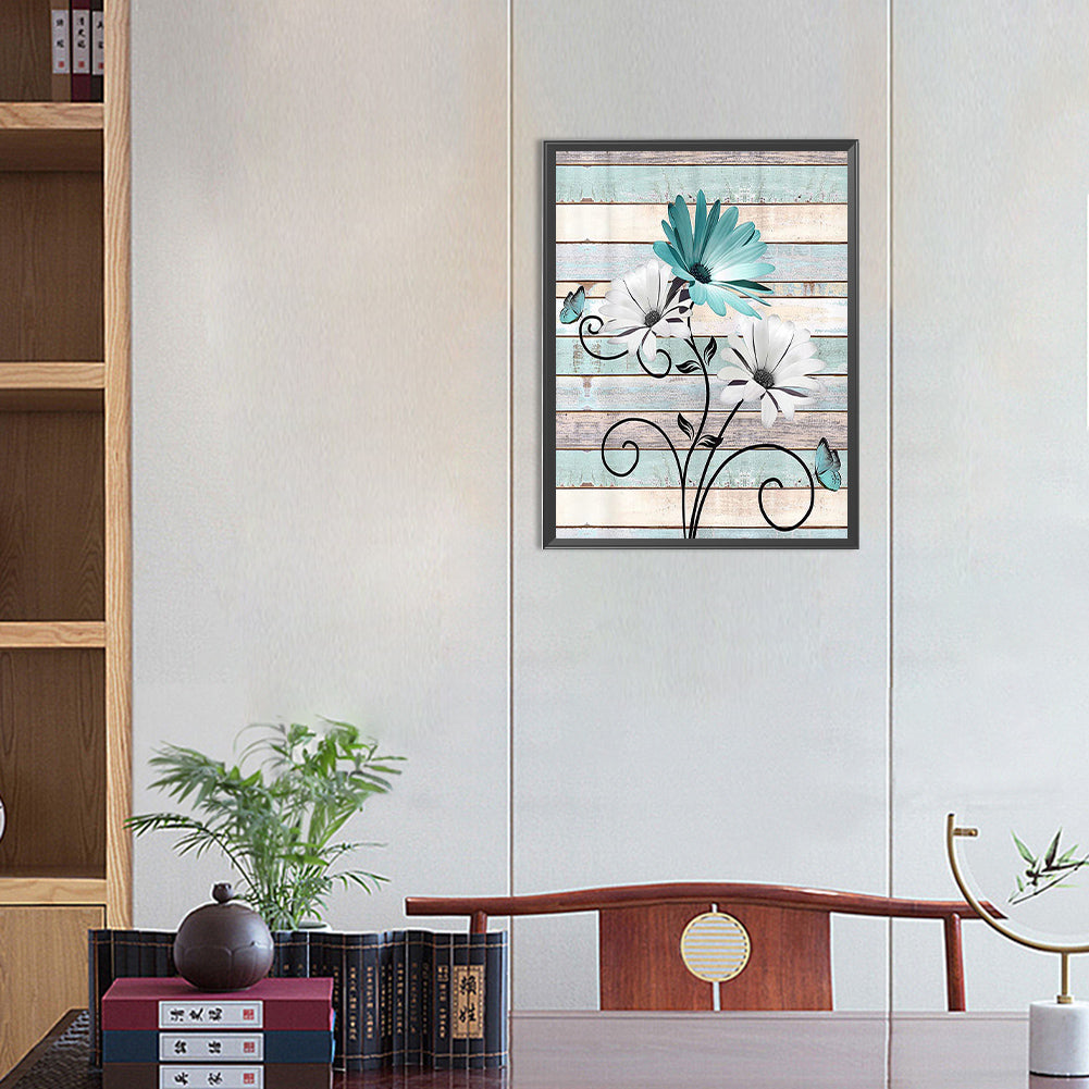 Flowers On Wooden Board Background - Full Round Drill Diamond Painting 30*40CM