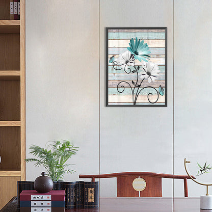 Flowers On Wooden Board Background - Full Round Drill Diamond Painting 30*40CM