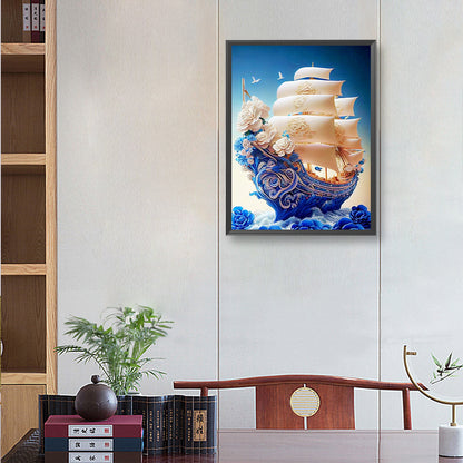 White Rose Boat - Full Round Drill Diamond Painting 30*40CM