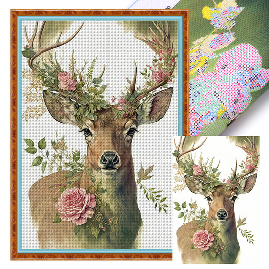 Flowers And Grass Elk - 11CT Stamped Cross Stitch 40*60CM