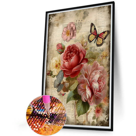 Vintage Butterflies And Peonies - Full Round Drill Diamond Painting 40*60CM
