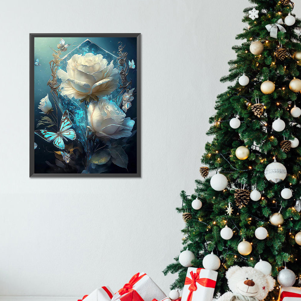 White Roses And Butterflies - Full Round Drill Diamond Painting 30*40CM
