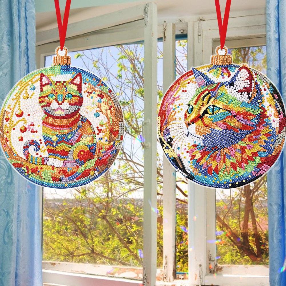 8PCS Double Sided Diamond Drawing Hanging Ornament Colourful Cat 12x12cm