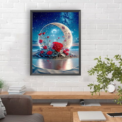 Red Rose Under The Moon - Full Round Drill Diamond Painting 30*40CM