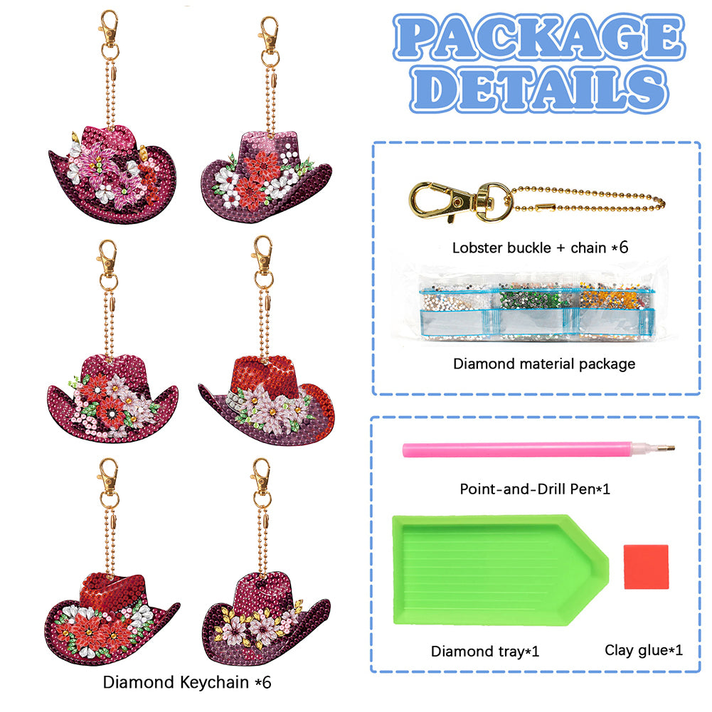 6PCS Double Sided Special Shape Diamond Painting Keychain (Vintage Cowboy Hat)