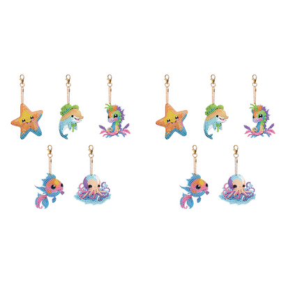 5PCS Double Sided Special Shape Diamond Painting Art Keychain Pendant Sea Animal