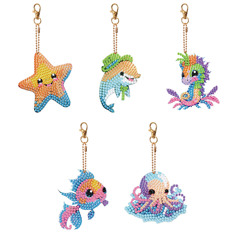 5PCS Double Sided Special Shape Diamond Painting Art Keychain Pendant Sea Animal