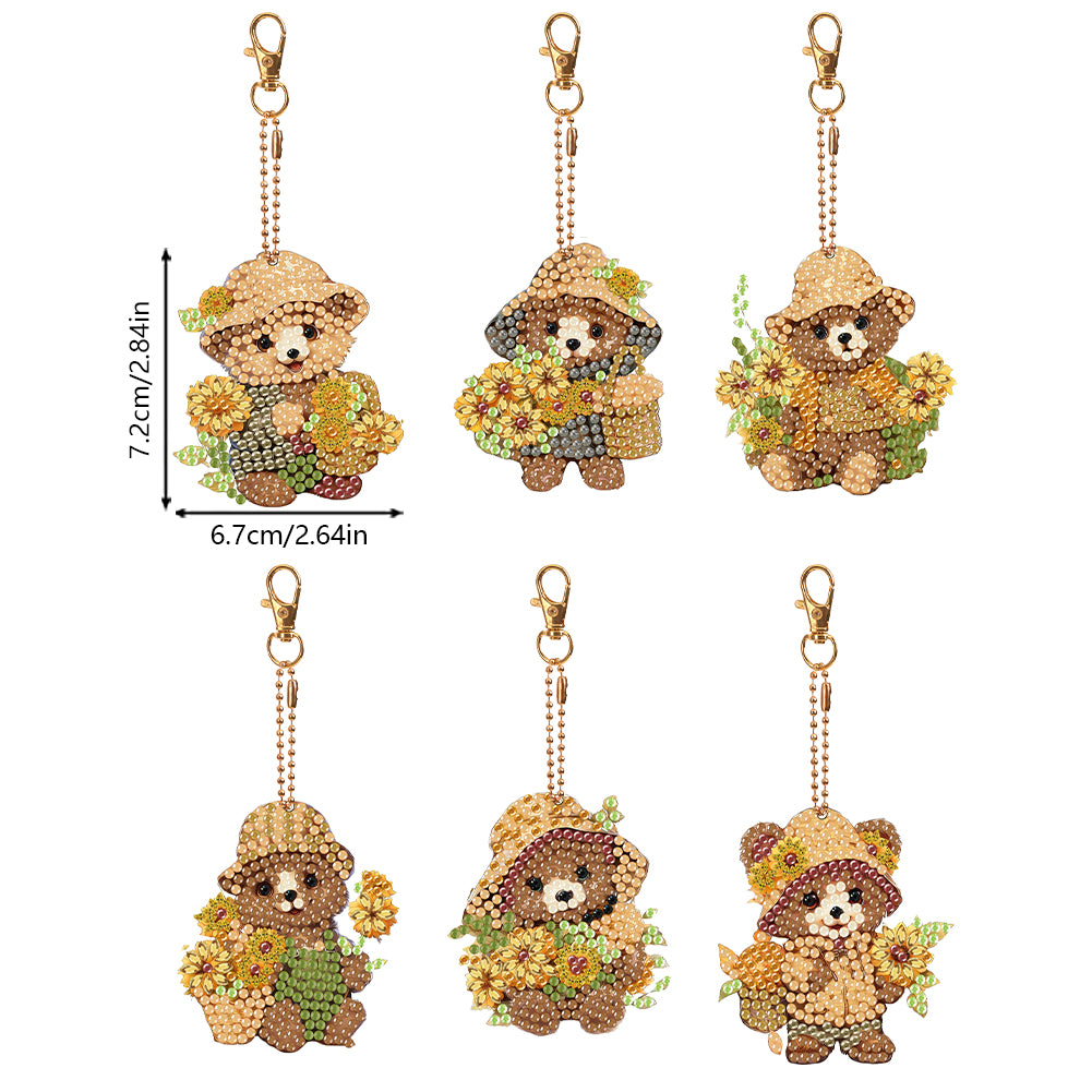 6PCS Double Sided Special Shape Diamond Painting Keychain (Sunflower Bear)