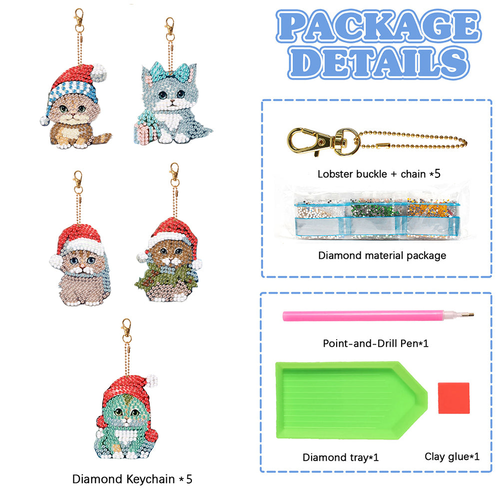 5PCS Double Sided Special Shape Diamond Painting Keychain (Christmas Cat)