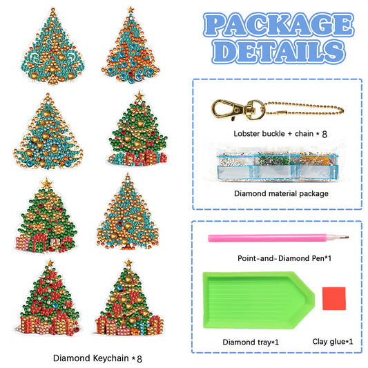 8PCS Double Sided Full Drill Keyring Special Shape Diamond Art Keyring Xmas Tree