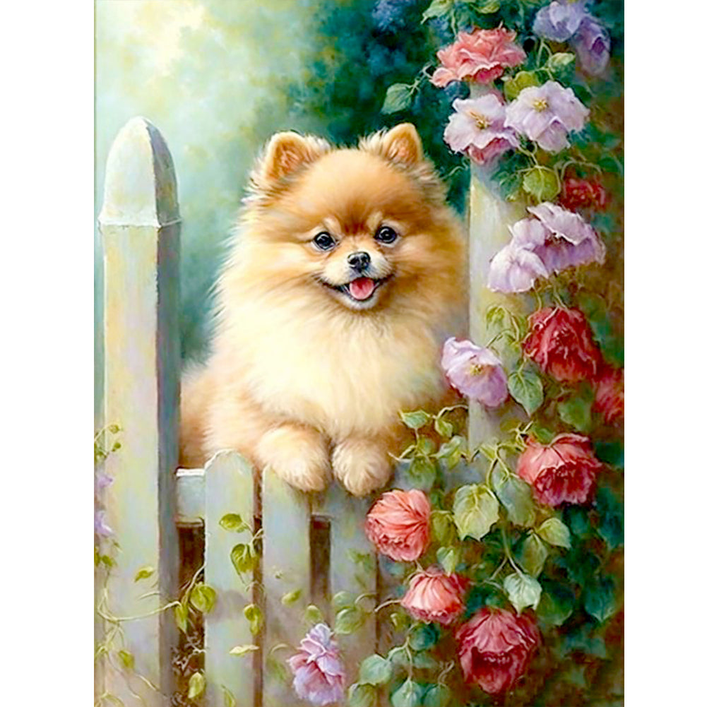 Puppies In Flower Manor - Full Round Drill Diamond Painting 30*40CM