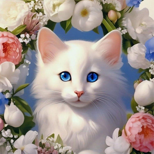 White Cat And Flowers - Full Round Drill Diamond Painting 30*30CM
