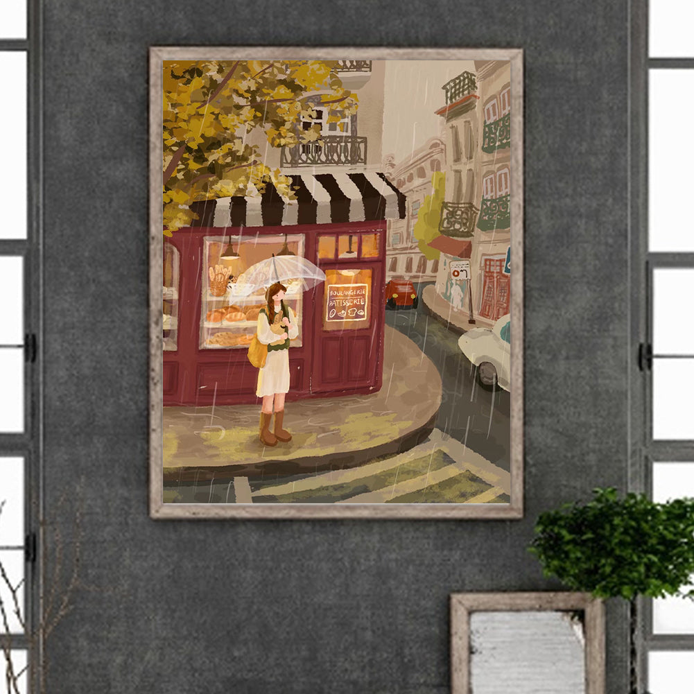 Healing Simple Drawing Girl¡¤Rainy Day - Full Round Drill Diamond Painting 40*50CM
