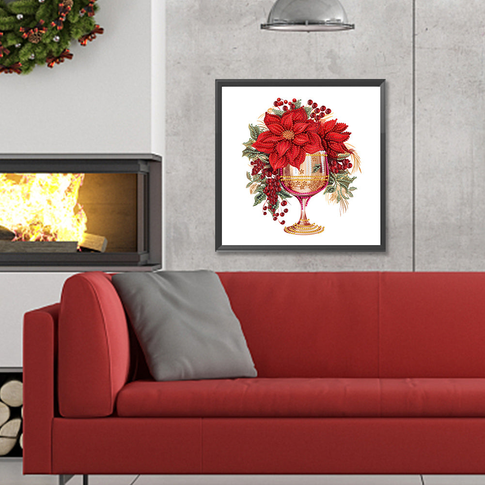 Christmas Water Cup With Red Flowers - Special Shaped Drill Diamond Painting 30*30CM