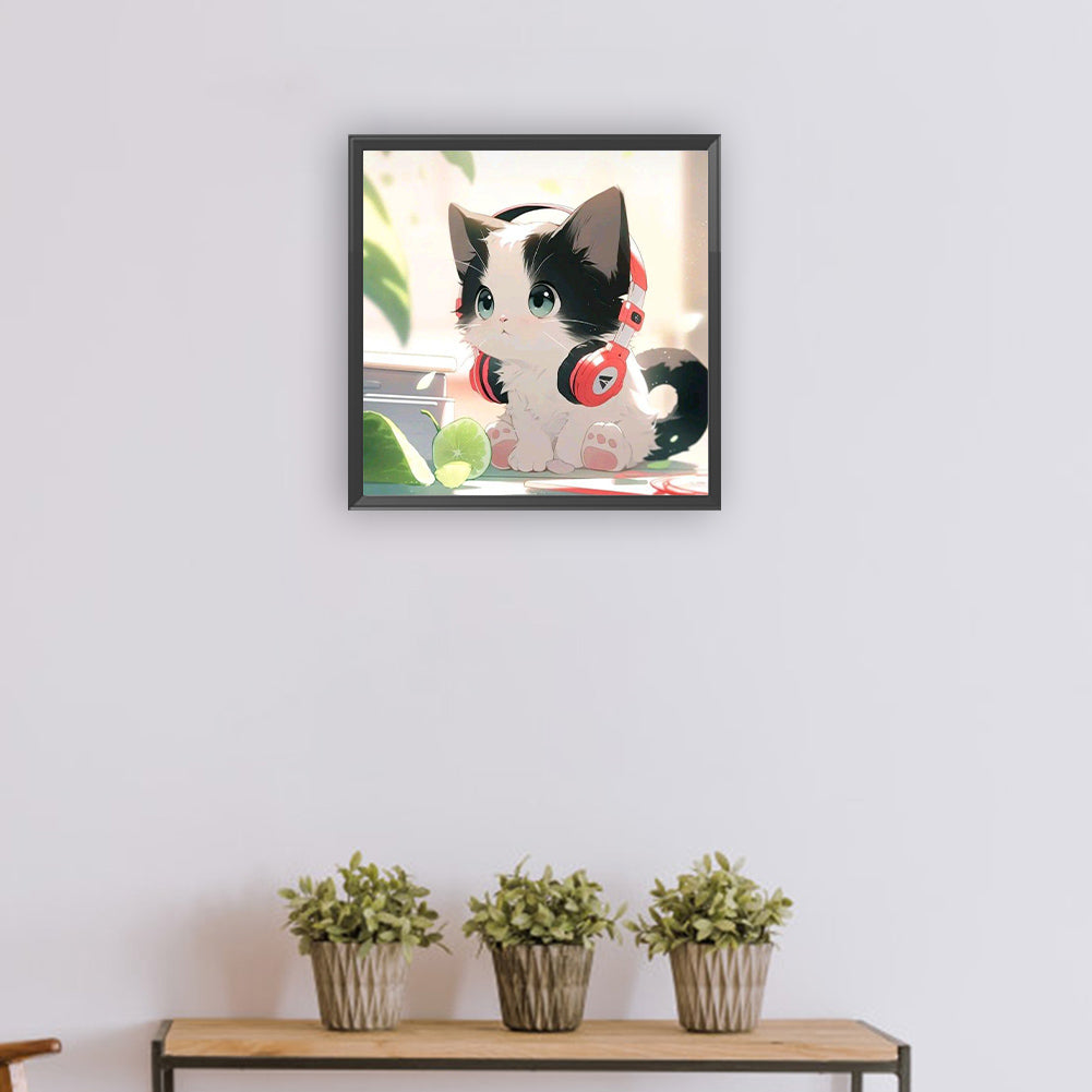 Cat With Headphones - Full Round Drill Diamond Painting 30*30CM