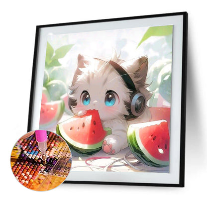 Cat Eating Watermelon - Full Round Drill Diamond Painting 30*30CM