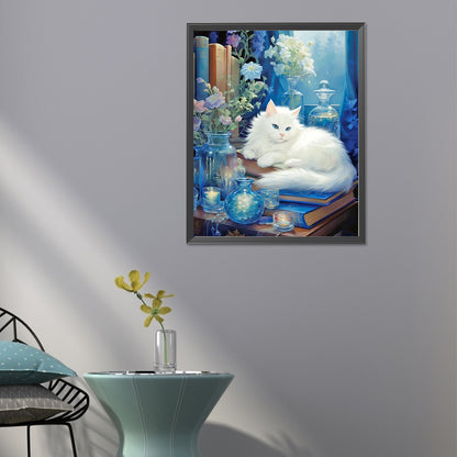 Lazy White Cat - Full Round Drill Diamond Painting 40*50CM