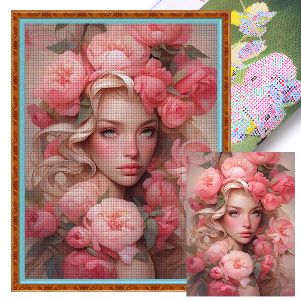 Pink Flower Girl - 11CT Stamped Cross Stitch 50*65CM