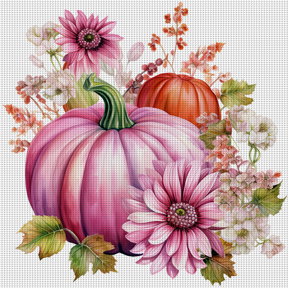 Pink Pumpkin Flowers - 11CT Stamped Cross Stitch 50*50CM