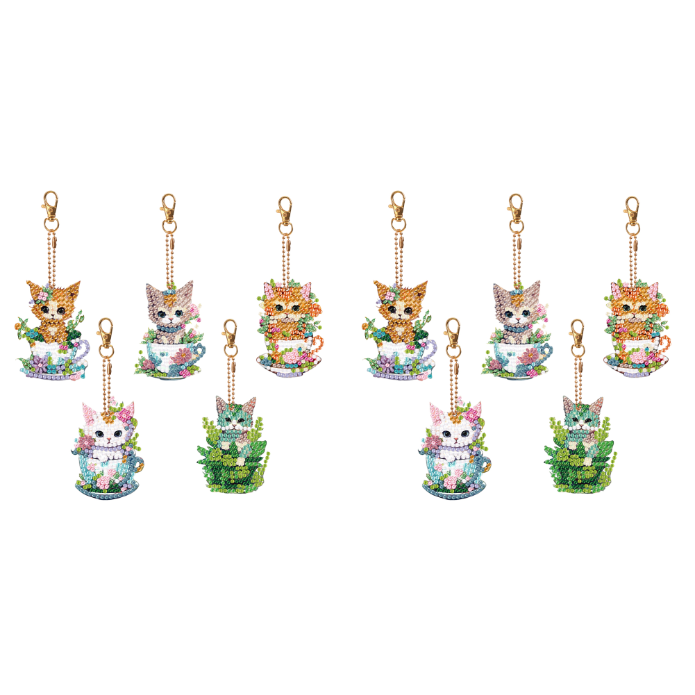 5PCS Double Sided Diamond Art Keyring Cup Cat for Adult Kid Purse Handbag Decor