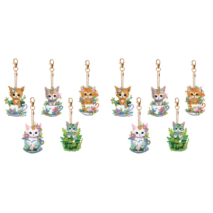 5PCS Double Sided Diamond Art Keyring Cup Cat for Adult Kid Purse Handbag Decor